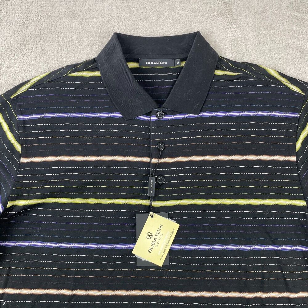 Bugatchi Polo Shirt Men Medium Black Multi Striped Mercerized Cotton SS NWT $129